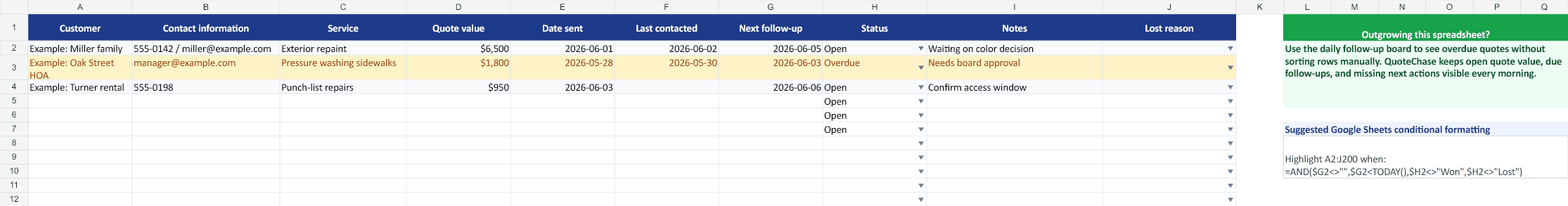 Preview of the QuoteChase quote follow-up spreadsheet template with overdue highlighting and quote tracking columns.
